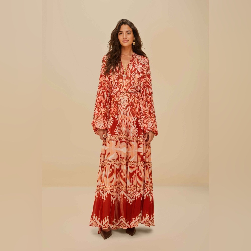 FARM Rio Red and Cream Long Sleeve Maxi Dress
